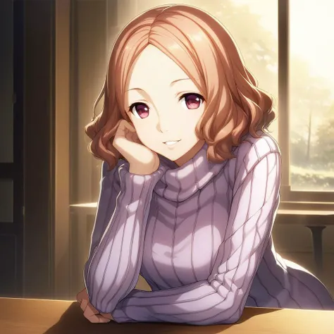 game cg,official art, 
rating: general
[general, sensitive,questionable,explicit:100]
newest,late,mid,early
[newest,late,mid,early,oldest:100]
turtleneck sweater,sweater dress, ribbed sweater, smile, parted lips, seduce
active,energetic, scenery, solo focus, sitting,pov across table,  hand between legs, hand on own cheek,   leaning forward, 
masterpiece, best quality,high quality,  okumura haru,        <lora:haru_xl_a3:0.8>