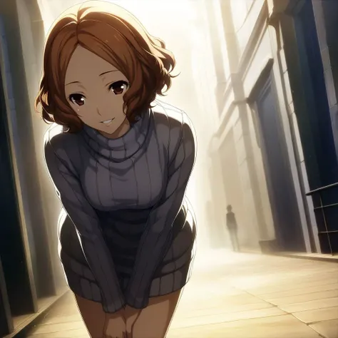 game cg,official art, 
rating: general
[general, sensitive,questionable,explicit:100]
newest,late,mid,early
[newest,late,mid,early,oldest:100]
turtleneck sweater,sweater dress, ribbed sweater, smile, parted lips, 
active,energetic, scenery, solo focus, standing , hand between legs,  leaning forward, 
masterpiece, best quality,high quality,  okumura haru,        <lora:haru_xl_a3:0.8>