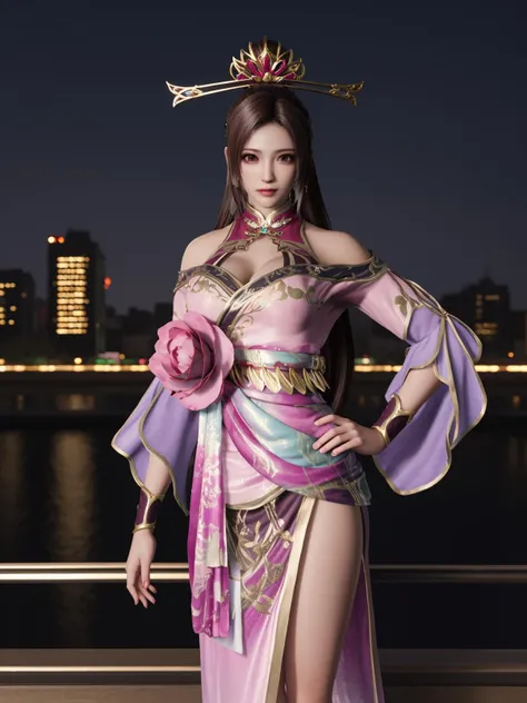 ZSWSdiaochan, 1girl, solo, brown hair, long hair, dress, breasts, clothing cutout, wrist cuffs, obi,headgear,flower,looking at viewer, jewelry,ponytail, <lora:ZSWSdiaochan:0.75>,cityscape, night, mature female,hand on hip,