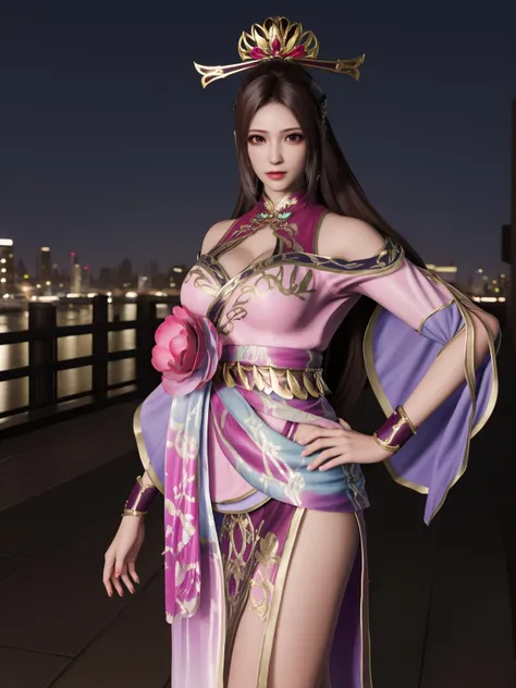 ZSWSdiaochan, 1girl, solo, brown hair, long hair, dress, breasts, clothing cutout, wrist cuffs, obi,headgear,flower,looking at viewer, jewelry,ponytail, <lora:ZSWSdiaochan:0.75>,cityscape, night, mature female,hand on hip,