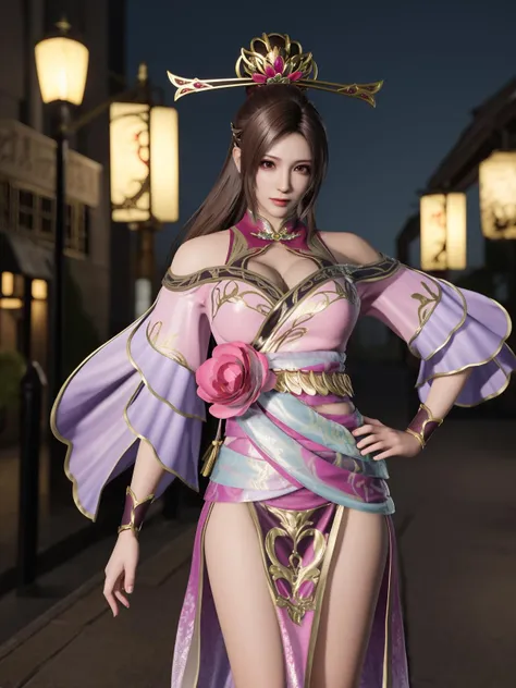 ZSWSdiaochan, 1girl, solo, brown hair, long hair, dress, breasts, clothing cutout, wrist cuffs, obi,headgear,flower,looking at viewer, jewelry,ponytail, <lora:ZSWSdiaochan:0.75>,cityscape, night, mature female,hand on hip,