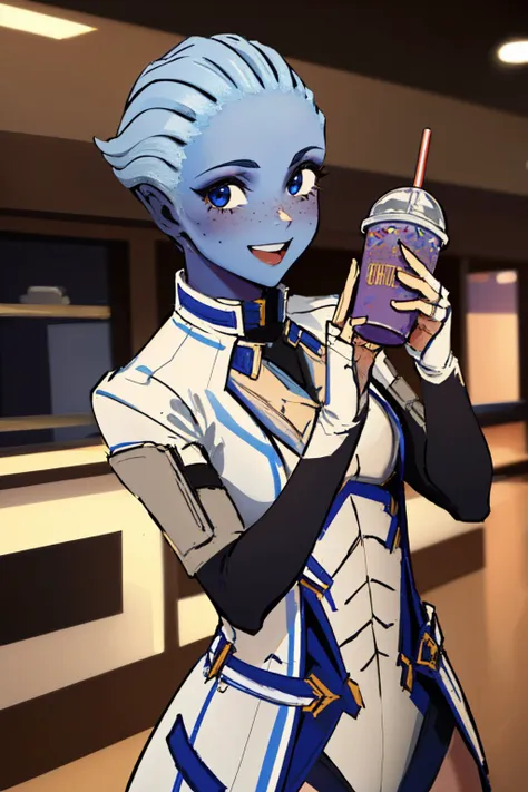 (masterpiece, best quality:1.2), solo, 1girl, LiaraTsoni, colored skin, blue skin, freckles, smile, looking at viewer, grimaceshake, LiaraTsoniMain <lora:LiaraTsoni_V1-Manityro:0.8> <lyco:concept_grimaceshake-11:1>