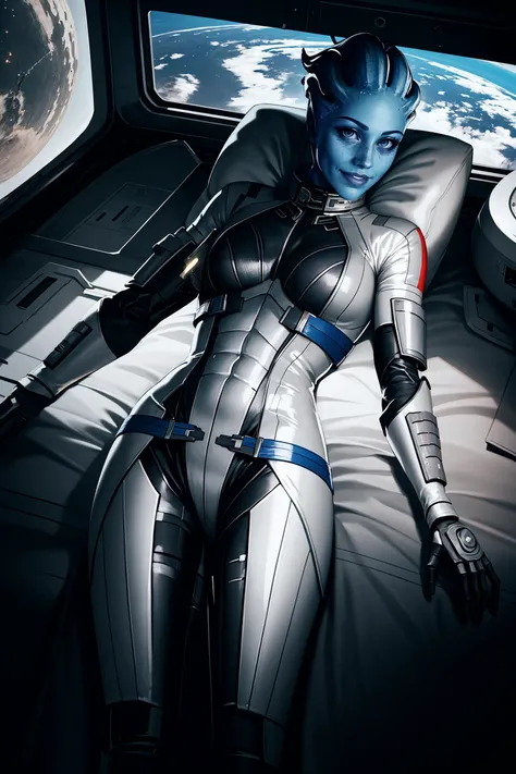 (masterpiece, best quality), spacecraft interior, space, lying, on bed, on back, science fiction, futuristic, cowboy shot, 1girl, solo, LiaraTsoni, LiaraTsoniMain, colored skin, blue eyes, freckles, medium breasts, <lora:LiaraTsoni_V2-Manityro-Dadapt:1.0>, seductive smile,