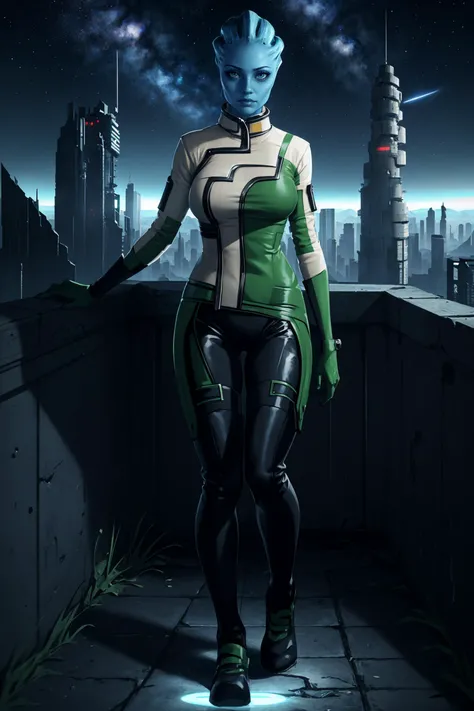 (masterpiece, best quality), outdoors, ruins, future city, cyberpunk, space, planet in the background, starry sky, full body, 1girl, solo, LiaraTsoni, green LiaraTsoniME1, youthful face, colored skin, blue skin, blue eyes, freckles, medium breasts, <lora:LiaraTsoni_V2-Manityro-Dadapt:1.0>,