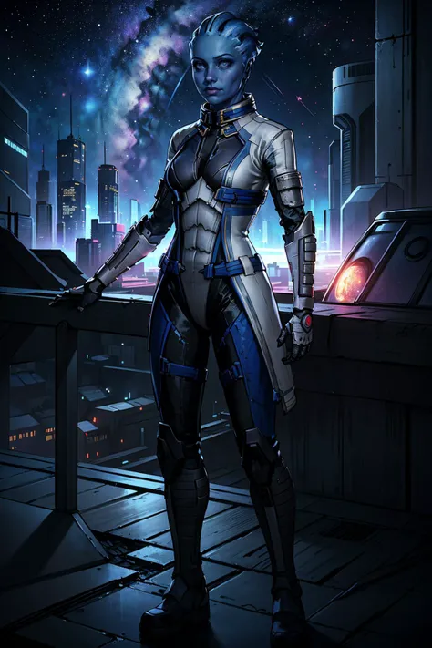 (masterpiece, best quality), outdoors, ruins, future city, cyberpunk, space, planet in the background, starry sky, cowboy shot, 1girl, solo, LiaraTsoni, LiaraTsoniMain, leg armor, colored skin, blue eyes, medium breasts, <lora:LiaraTsoni_V2-Manityro-Dadapt:1.0>,  stance