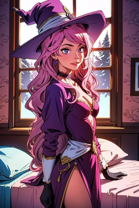 masterpiece, ((ultra detailed background, delicate pattern, intricate detail)), (highly detailed, fine details), best quality, ((medium breasts, slim girl, cowboy shot)), ((complex detailed background, inside, bedroom, bed, tasteful interior design, window)), VanessaV2, 1girl, long hair, solo, pink hair, earrings, purple eyes, smile, (purple dress, gloves, witch hat), choker,  <lora:VanessaV2:0.7>