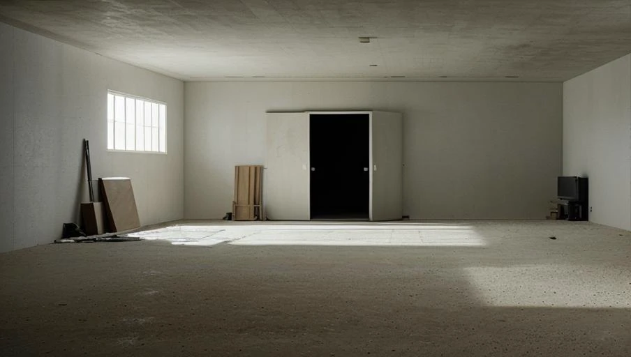 <lora:Roger_Deakins_Cinematography:1>, Minimalism, firing range indoor,, movie still, War Genre