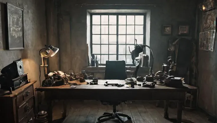 <lora:Roger_Deakins_Cinematography_XL:1>, Gadgetpunk, home office,, movie still, Fantasy Genre