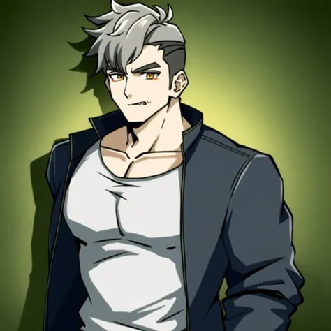 highres, masterpiece, high definition, high quality, 1boy, damao, undercut, muscular male, grey hair, jacket, shirt, fang out, yellow eyes, large pectorals,