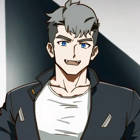 highres, masterpiece, high definition, high quality, 1boy, damao, undercut, muscular male, grey hair, jacket, fang out