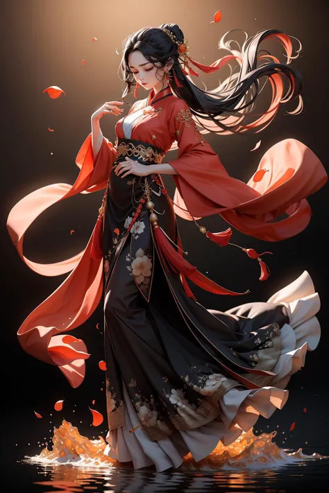 best quality,
1girl, solo, petals, closed eyes, hair ornament, dress, jewelry, black background, full body, black hair, long sleeves, red dress, sash, earrings, chinese clothes, floating hair, simple background, standing, closed mouth, hanfu
rackanimal,black background, <lora:Rack-ClayMaterial:0.8>
