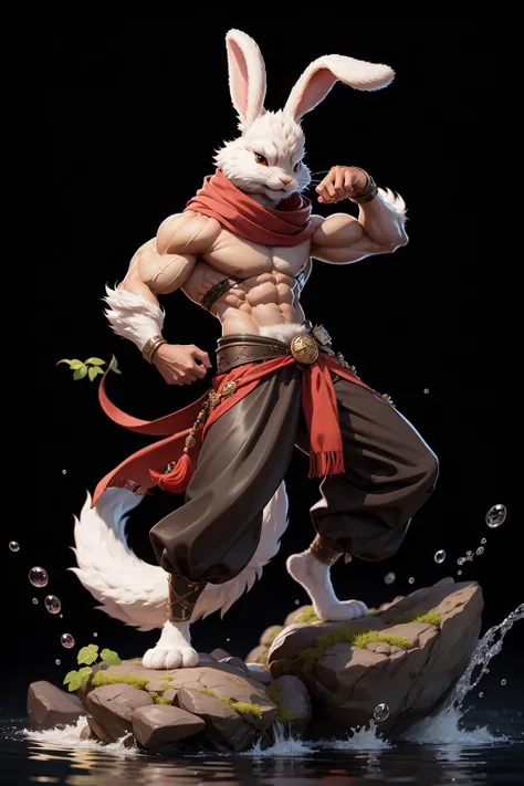 1boy, solo, tail, abs, scarf, muscular, full body, rabbit ears, simple background,standing,water, rock,stage,
rackanimal,black background, <lora:Rack-ClayMaterial:0.8>