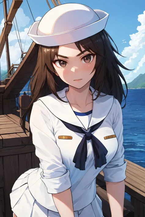 masterpiece, best quality, outdoor
On a pirate ship bound for new prey
murakamidef, 1girl, solo, looking at viewer,
long hair, black hair, black eyes,
hat, white headwear, bangs, military hat, dixie cup hat, shirt, school uniform, white shirt, skirt, sailor collar, sailor, pleated skirt, neckerchief, blouse, sleeves rolled up, long sleeves, white skirt,
<lora:LoRA_Murakami:1>,