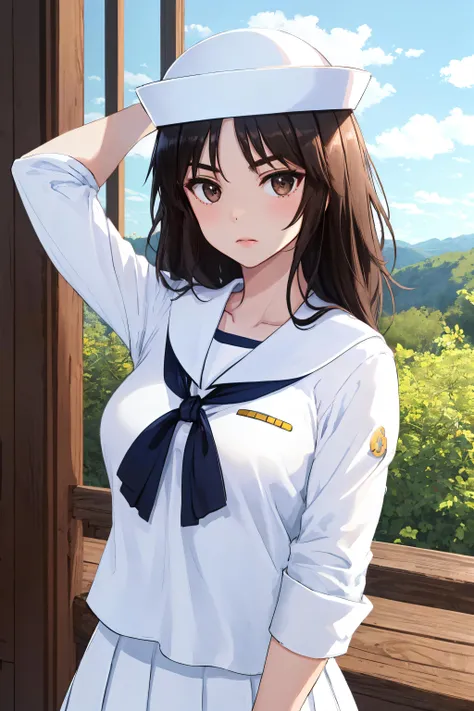 masterpiece, best quality, outdoors,
murakamidef, 1girl, solo, looking at viewer, upper body,
long hair, black hair, black eyes,
hat, white headwear, bangs, military hat, dixie cup hat, shirt, school uniform, white shirt, skirt, sailor collar, sailor, pleated skirt, neckerchief, blouse, sleeves rolled up, long sleeves, white skirt,
<lora:LoRA_Murakami:1>,