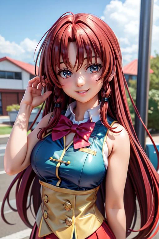 <lora:add_detail:0.6>, <lora:LowRA:0.20>, masterpiece, best quality, <lora:meiling:0.50>,meiling, realistic, (double ponytail:0.5), (hair color color caramel:0.5), smile, (wearing a school outfit:1.1), (Standing with one arm reaching out:0.5)