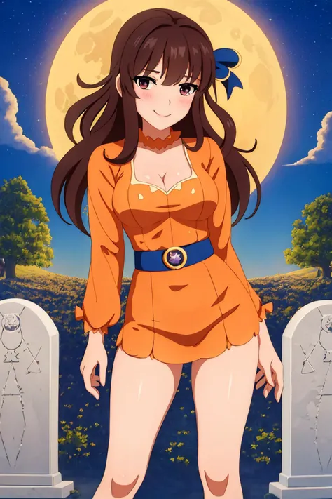 masterpiece, ultra-detailed, best quality, illustration, 8k cg wallpaper, an extremely delicate and beautiful, 1girl, Velma /(Scooby Doo/), solo, perfect anatomy, smiling, blushing, orange clothes, perfect arms, perfect legs, cute, pretty, beautiful, sexy, perfect body, (background: graveyard, tombstones, night sky, moon, stars, intricately detailed items in background), <lora:WC_SD:1>