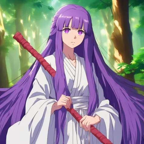 A female anime character with long purple hair and purple eyes, dressed in a white outfit. The character is holding a stick with both hands, which features a red string attachment at one end. Her facial features are sharply defined, with thin eyebrows, adding to her confident and regal demeanor,
<lora:FernFrieren_PD6XL:1>, FernFrieren