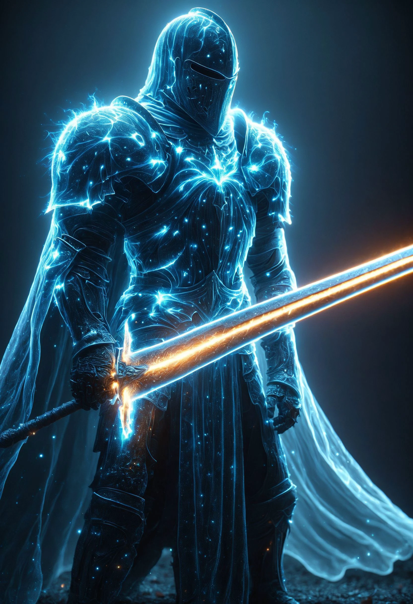 cinematic ,HKStyle, Soul Knight,bioluminescent necromantic armor ,cape, armor infused with a robe, sword;glowing eyes,smoke, nature inspired, disturbing, blurry background, depressing, masterpiece, HD, <lora:HKStyle_V3:1>,
<lora:extremely_detailed:1> , <lora:Biol:1>