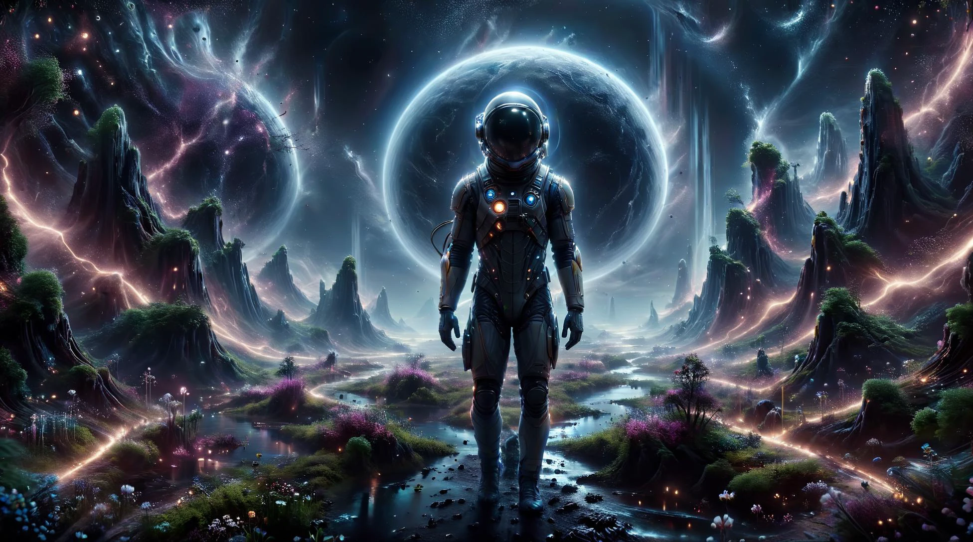 Alien-themed (((Ultra detailed, high-res, 8k, best quality))),Mankindâs first venture into the unknown cosmos. A dark alien planet at night,a single man in a spacesuit (with head lamps) standing on looking out at the wonder and mystery that lay ahead,((alien trees,landscape and Flora & Fauna)) all around,a sleek spacecraft in the background. A ringed planet looms over the horizon,extremely detailed starry skies,nebula,alien terrain,rivers,mountains,trees stretching as far as the eye can see,<lora:SyFyEye1_v2.0:0.4>,SyFyEye1,<lora:spacesuit3-000009:0.7>,spacesuit,<lora:Kai-ãSpaceshipããSpacestationã-é£è¹-空é´ç«:0.45>,spacestation,Symmetrical environment,<lora:add-detail-xl:1>,Details++,<lora:More_interesting_backgrounds:0.8>,IBG,<lora:spaceship:0.5>,spaceship,sleek design,landed,<lora:ais-blmn-sdxl:0.45>,ais-blmn,bio-luminecence flora,<lora:DarkLighting:0.8>,silhouette,spotlight,dark theme,<lora:glowneon_xl_v1:0.8>,glowneon,glowing,sparks,lightning,<lora:Dark_Particles_Style_SDXL:0.8>,ais-darkpartz, . Extraterrestrial, cosmic, otherworldly, mysterious, sci-fi, highly detailed