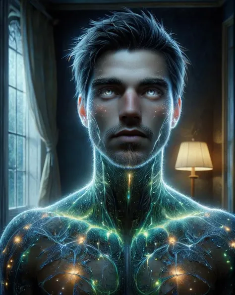 made of ais-blmn, intricate details, (Male Android:1.3) , Classic, inside a Guesthouse, at Overcast, Amusing, Offset print, HDR, ((Elegant)) , ((Phenomenal)) , ((Breathtaking)) , ((Detailed)) , ((Captivating)) , ((Astounding)) , fantasy, Spells, Nature, Mystical, oil painting, Oil on canvas, Oil artwork, Canvas painting, Antique glow, Vintage illumination, Retro lighting, Small aperture, Deep depth of field, Sharp from front to back . Dreamlike, mysterious, provocative, symbolic, intricate, detailed <lora:Biol:1>