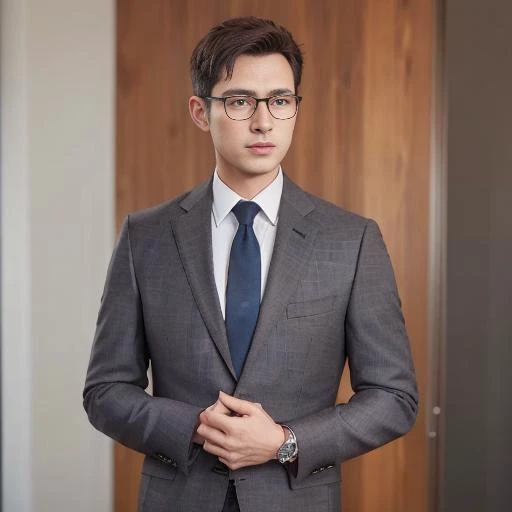 Realistic, (masterpiece, best_quality:1.1), a man wearing glasses standing in front of a glass door with a cross on it, zegna, Q22622-221225, Drop+7, Double vents, Notch lapels, Pinpoint pattern, 2-button closure, Flap pockets, Tailored construction, Fully lined, 100%+wool, Charcoal, suits, young, wearing a undercloth and tie, oxford knot