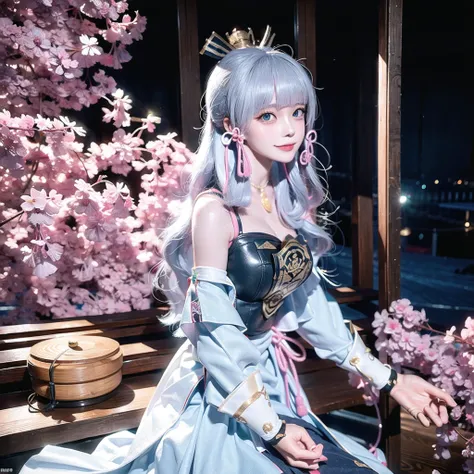 <lora:kamisatoAyakaLora_v01:1>1girl,herry blossoms, 1girl, tree, solo, aurora, fireworks, long_hair, fireflies, light_particles, pine_tree, snowflake_background, milky_way, aerial_fireworks, headdress, arms behind body, blue_eyes, smile, face focus,photorealistic:1.4 <lora:koreanDollLikeness_v15:1> detailed face,detailed eyes,shiny skin,full body,close up,looking viewers,Naked