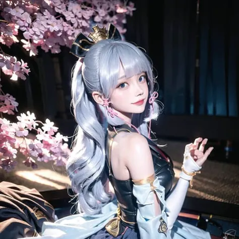 <lora:kamisatoAyakaLora_v01:1>1girl,herry blossoms, 1girl, tree, solo, aurora, fireworks, long_hair, fireflies, light_particles, pine_tree, snowflake_background, milky_way, aerial_fireworks, headdress, arms behind body, blue_eyes, smile, face focus,photorealistic:1.4 <lora:koreanDollLikeness_v15:1> detailed face,detailed eyes,shiny skin