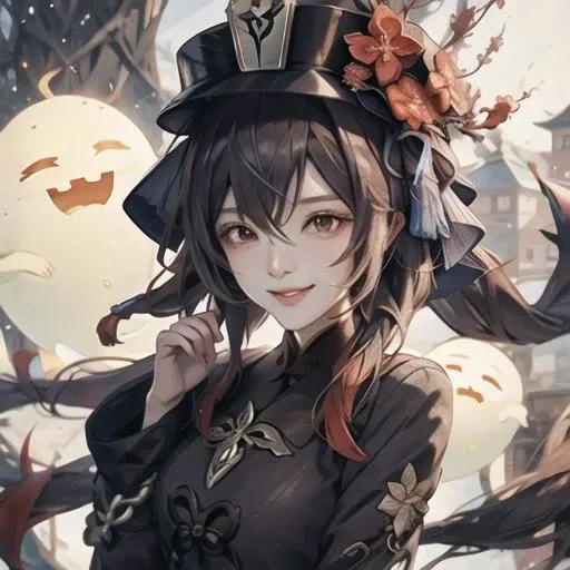 hu tao \(genshin impact\), boo tao \(genshin impact\), 1girl, jewelry, smile, hat, solo, <lora:hutao-ani1.5v1-000002:1>