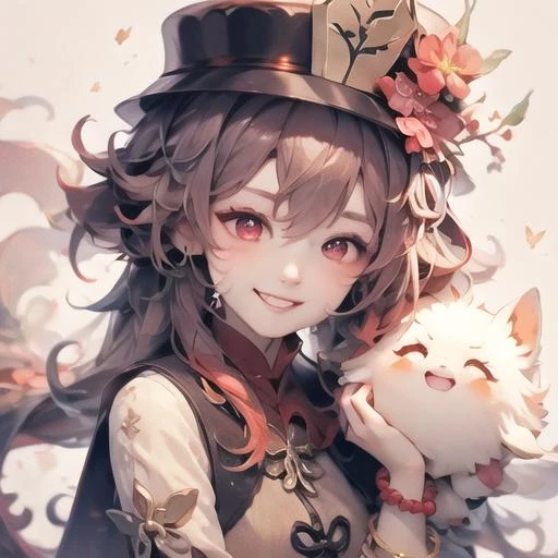 <lora:Crysdream1.5v1-000002:1>Crysdream,hu tao, boo tao, 1girl, jewelry, smile, hat, solo, bead bracelet,simple background,   <lora:hutao-ani1.5v1-000002:1>:0.5>