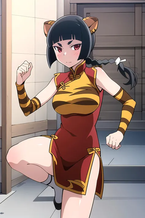 masterpiece, 1girl, shima-tan, chinese dress, high kick, single braid