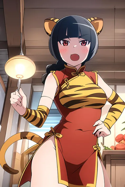 masterpiece, best quality, 1girl, shima-tan, single braid, tiger tail, fangs, chinese dress, chinese restaurant, bright, chinese walls, traditional chinese architecture, lamps