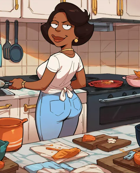 score_9, score_8_up, score_7_up, score_6_up,source_cartoon,
mature woman, donna, black eyes, dark skin, short black hair, earrings, necklace, blue pants, white shirt, looking at viewer, serious, smiling, standing, from behind, inside cozy kitchen, cooking food, stove, 
<lora:donnapony2:.9>  <lora:Concept Art Twilight Style SDXL_LoRA_Pony Diffusion V6 XL:1>