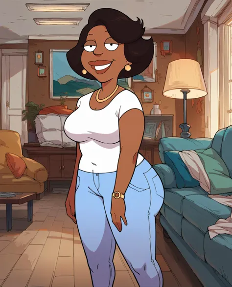 score_9, score_8_up, score_7_up, score_6_up,source_cartoon,
mature woman, donna, black eyes, dark skin, short black hair, earrings, necklace, blue pants, white shirt, looking at viewer, smiling, standing, inside cozy living room, lamp,  
<lora:donnapony2:.9>  <lora:Concept Art Twilight Style SDXL_LoRA_Pony Diffusion V6 XL:1>