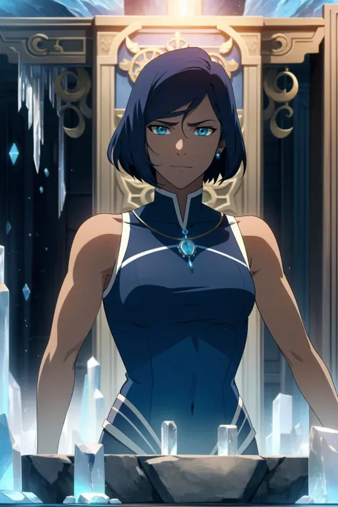 (female focus:1.1), solo, upper body, (1girl:1.1), human, sorcerer, muscular, abs, biceps, (tan skin:1.1), pixie cut, blue hair, (tattoos:1.1), deep blue eyes, (scowling:0.8), half smile, aquamarine pendant, jewelry, dark blue sleeveless dress, midriff peek, cleavage cutout, belt, indoors, (crystals:0.9), (water:1.1), ice, ancient temple, ship's wheel, ocean, blue magic, stone altar, (runes:1.1), pillars, underwater, detailed background, DnD, <lora:dcau_fantasy_offset:1>