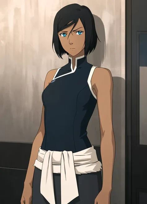 the legend of korra, masterpiece, best quality, 1girl, solo, dark skin, dark-skinned female, black hair, bare shoulders, blue eyes, short hair, looking at viewer, <lora:the_legend_of_korra_v2_offset:1>