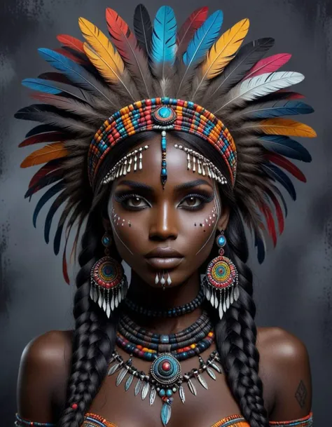 luxart 1girl, solo, long hair, hair ornament, jewelry, multicolored hair, earrings, dark skin, necklace, dark-skinned female, drill hair, headdress, tribal(ink and charcoal) <lora:luxart:1>