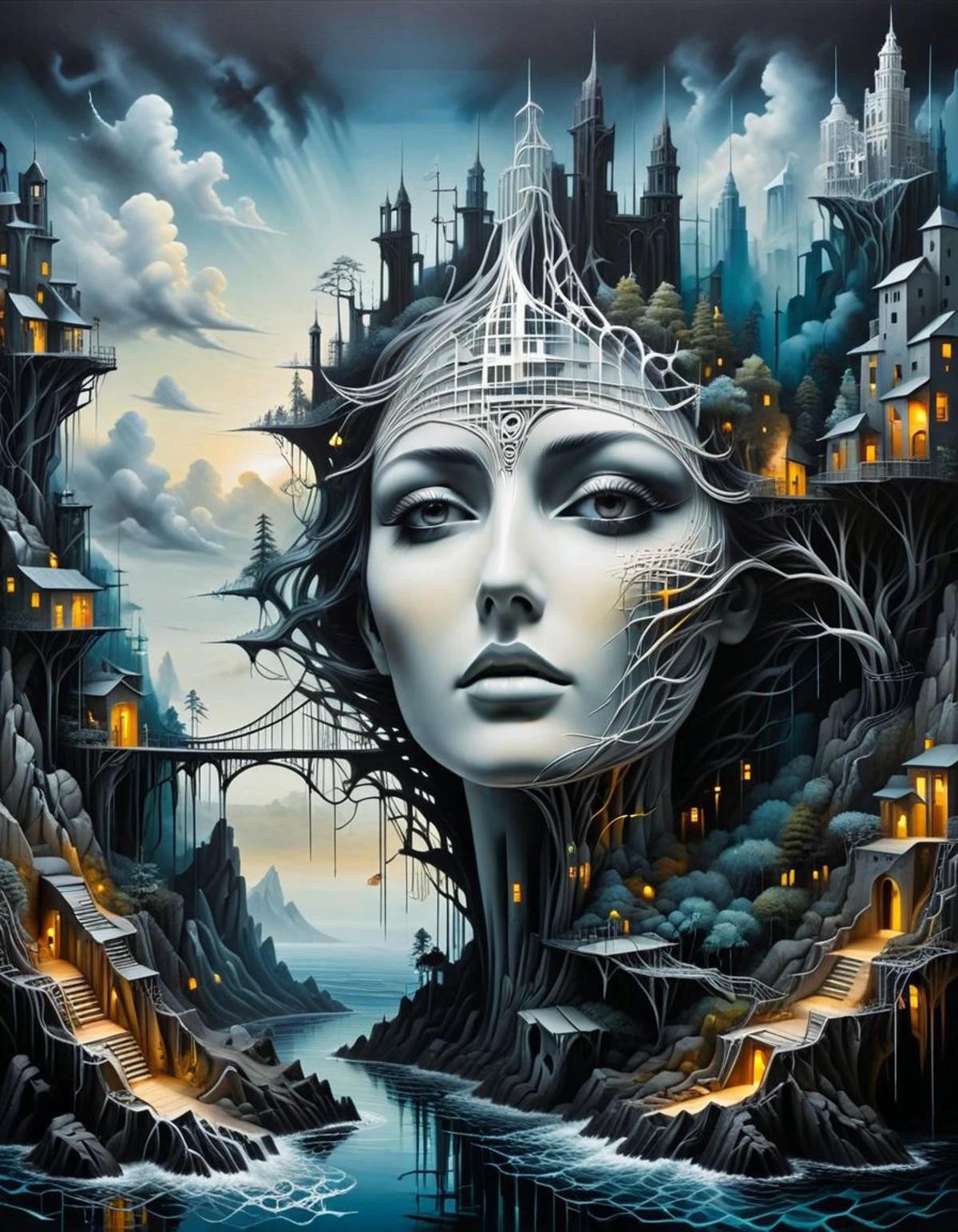 A 3D wireframe model, created using intricate white and black lines. The pattern forms a surreal three-dimensional scene of a cityscape forest with sea and a bridge, giving the illusion of depth. The contrast between the black and white lines creates a striking visual effect, while the pattern appears to move and transform as the viewer's perspective changes. The overall ambiance of the image is mysterious and captivating, inviting the viewer to explore the depths of the illusion.face.digital art, monochrome, solo, sky, color ,double exposure,oil painting.
<lora:helios666:1>