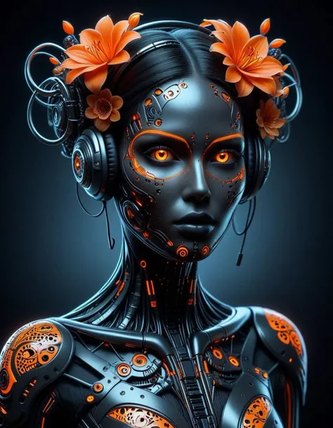 A captivating portrait of a biomechanical fatale cyborg, featuring a mesmerizing blend of human and machine elements. Her face is adorned with vibrant orange colorful flowers, providing a striking contrast against the dark, metallic brown collar and intricate wiring. Large, metallic black headphones encase her ears, while she is surrounded by complex prosthetics. The chiaroscuro orange lighting accentuates her facial contours and the intricate workings of her cybernetic enhancements. The atmosphere is dark, mysterious, and futuristic, exuding an enchanting yet dangerous allure. The duotone black and orange palette adds an elegant touch of sophistication and depth, further enhancing the image's captivating appeal.,digital art oil painting,ink,charcoal<lora:luxart:1>
