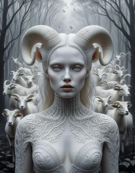 A mesmerizing black and white portrait of an enchanting albino woman with striking ram horns, exuding an air of mystique. The high-contrast monochromatic tones captivate the viewer, while the artistic influences of Mark Brooks, Brad Kunkle, H.R. Giger, and Tom Bagshaw blend seamlessly. A swarm of white moths surrounds the figure, adding to the otherworldly ambiance. The fantastical world in the background fuses realistic and surreal elements, creating a breathtaking cinematic scene. This intricate, 8k illustration pays homage to the beauty and power of the ram goddess in an enigmatic, foggy realm, making it a true dark fantasy masterpiece., illustration, dark fantasy(art monochrome,digital art oil painting,ink,charcoal,double exposure)glass painting<lora:luxart:1>