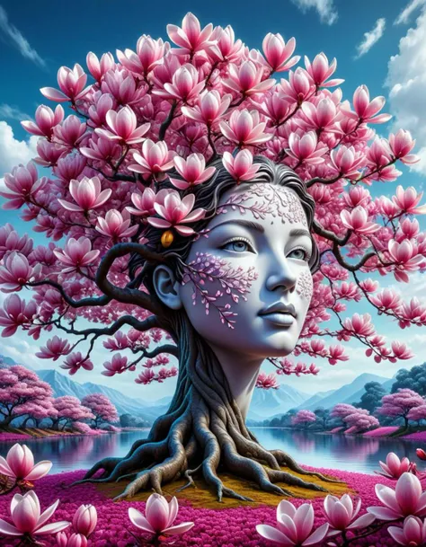 [ (realism art by Gustave Baumann:1.2) and Charles Victor Thirion:12], landscape art, vibrant 3D Rendering, face Magnolia tree, deep focus, Romantic, highly detail, cinematic perfect intricate stunning fine detail, very coherent, contemporary, winning, sublime, glowing, cool colors, intricate artistic color, digital art, monochrome, solo,   sky, color,oil painting. <lora:heliosdang:1>