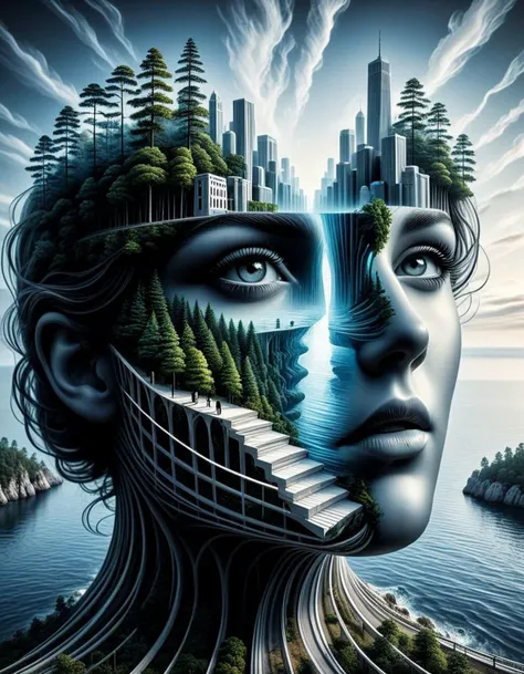 A 3D wireframe model, created using intricate white and black lines. The pattern forms a surreal three-dimensional scene of a cityscape forest with sea and a bridge, giving the illusion of depth. The contrast between the black and white lines creates a striking visual effect, while the pattern appears to move and transform as the viewer's perspective changes. The overall ambiance of the image is mysterious and captivating, inviting the viewer to explore the depths of the illusion.face.digital art, monochrome, solo,   sky, color ,double exposure,oil painting.
 <lora:DANGUBA:1>