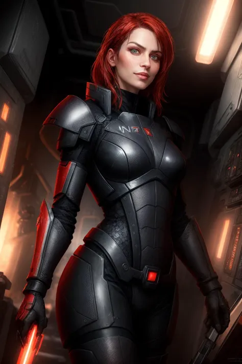 ((best quality)), ((masterpiece)), (detailed), hyperrealistic, sci-fi, photo of commandershepard wearing n7armor with (omniblade:1.0) (bright omniblade) in a spaceship, evil smile, bright red hair, extremely detailed face, black sclera, detailed glowing red eyes, very skinny, slender fit body, carbon fiber armor, shiny armor, realistic materials, dramatic lighting, wallpaper, intricate, sharp focus, ray tracing, rtx, professionally color graded, professional photography, high quality, 4k, 8k, raw , from below, <lora:n7armor:0.6>, <lora:epi_noiseoffset2:1>,   <lora:add_detail:1>, detailed skin texture, (blush:0.2), (goosebumps:0.3), subsurface scattering