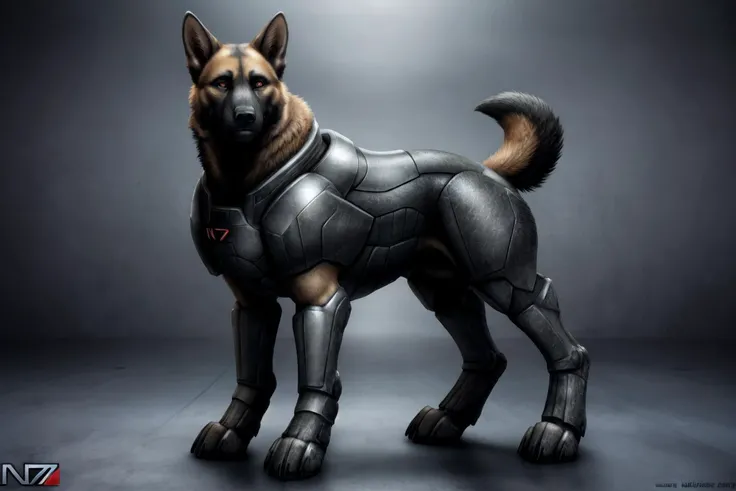 full body shot of realistic feral german shepherd wearing n7armor <lora:n7armor:0.7>