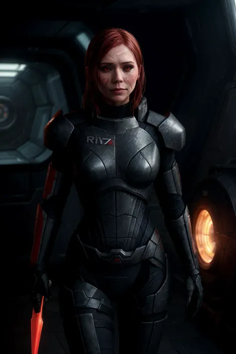 ((best quality)), ((masterpiece)), (detailed), hyperrealistic, sci-fi, photo of elizabeth_olsen wearing n7armor with (omniblade:1.0) (bright omniblade) in a spaceship, evil smile, bright red hair, extremely detailed face, black sclera, detailed emissive red eyes, very skinny, slender fit body, carbon fiber armor, shiny armor, realistic materials, dramatic lighting, wallpaper, intricate, sharp focus, ray tracing, rtx, professionally color graded, professional photography, high quality, 4k, 8k, raw , from below, <lora:n7armor:0.6>, <lora:epi_noiseoffset2:1>, <lyco:DemonicT:0.7>, <lora:add_detail:1.> <lora:Cracked Skin:1>, (glowing red cracks, cracked skin:1.9),