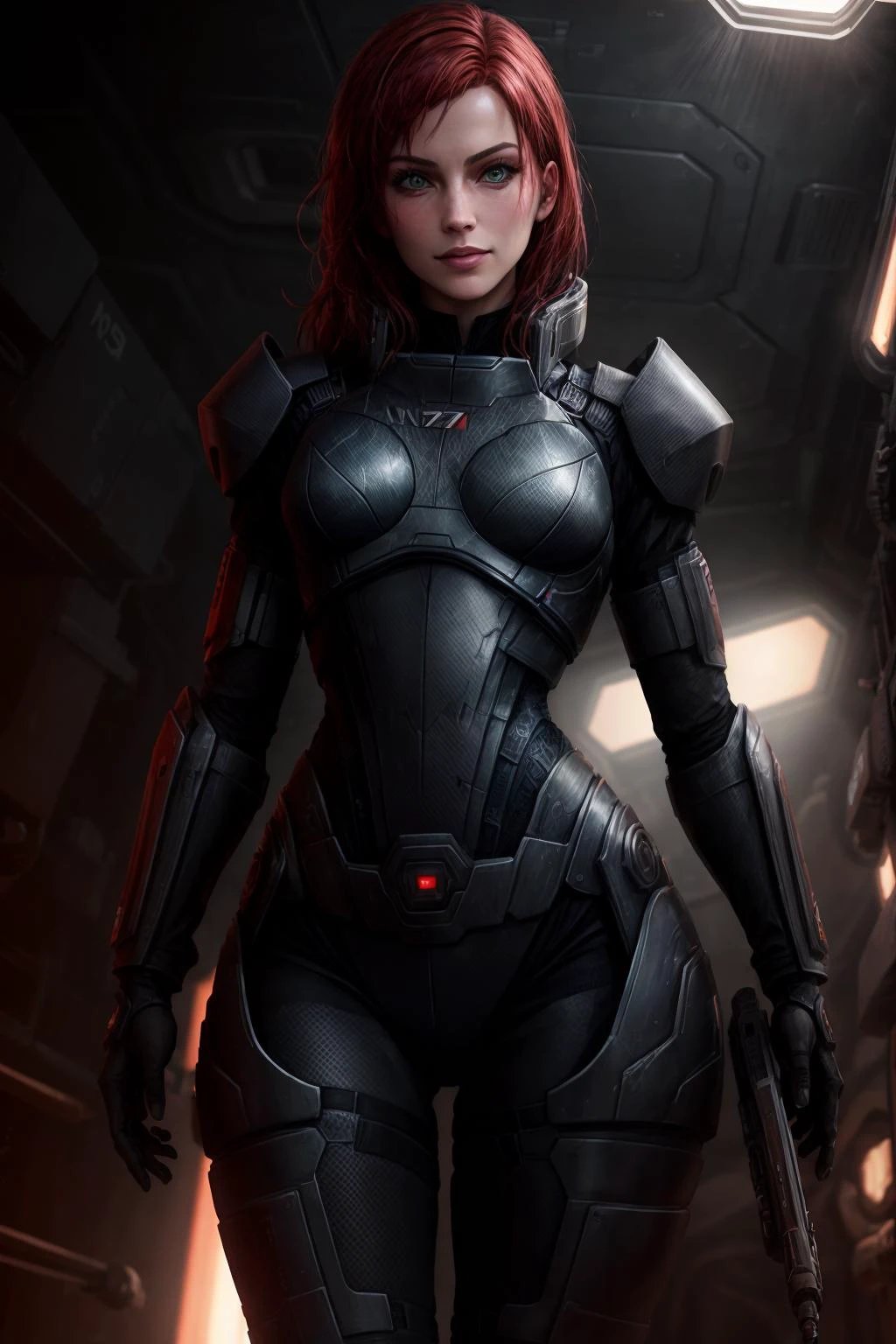 ((best quality)), ((masterpiece)), (detailed), hyperrealistic, sci-fi, photo of 18yo commandershepard wearing n7armor in a spaceship, evil smile, bright red hair, extremely detailed face, very skinny, slender fit body, (small breasts:1.5), green eyes, carbon fiber armor, shiny armor, realistic materials, dramatic lighting, wallpaper, intricate, sharp focus, ray tracing, rtx, professionally color graded, professional photography, high quality, 4k, 8k, raw , from below, <lora:n7armor:0.6>, <lora:epi_noiseoffset2:1>, <lora:add_detail:1>, dynamic pose, dynamic angle, style of Artgerm, detailed skin texture, (blush:0.2), (goosebumps:0.3), subsurface scattering