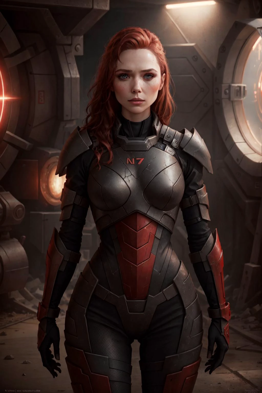 ((best quality)), ((masterpiece)), (detailed) cowboy shot, commandershepard elizabeth_olsen wearing black n7armor with omniblade standing in a spaceship, very skinny, slender fit body, small breasts, red hair, ("glowing red cracks":1.2)
realistic skin, dramatic lighting, ultra realistic, carbon fiber armor, armor shine, wallpaper, intricate, sharp focus, ray tracing, rtx, professionally color graded, professional photography, 4k, 8k, raw
<lora:n7armor:0.3>, <lora:elizabeth_olsen_v3:0.4>, <lora:Cracked Skin:0.2>, <lora:epi_noiseoffset2:0.5>,, detailed skin texture, (blush:0.2), (goosebumps:0.3), subsurface scattering