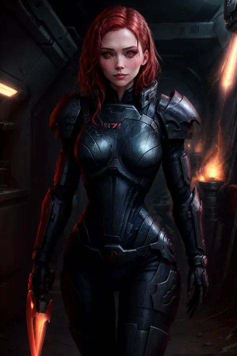 ((best quality)), ((masterpiece)), (detailed), hyperrealistic, sci-fi, photo of Elizabeth Olsen wearing n7armor with omniblade (bright omniblade) standing in a spaceship, evil smile, bright red hair, extremely detailed face, black sclera, detailed glowing red eyes, very skinny, slender fit body, carbon fiber armor, shiny armor, realistic materials, dramatic lighting, wallpaper, intricate, sharp focus, ray tracing, rtx, professionally color graded, professional photography, high quality, 4k, 8k, raw <lora:n7armor:0.6> <lora:add_detail:1.3>  AS-Young, <lora:epi_noiseoffset2:1>,  <lyco:DemonicT:0.5>, detailed skin texture, (blush:0.2), (goosebumps:0.3), subsurface scattering