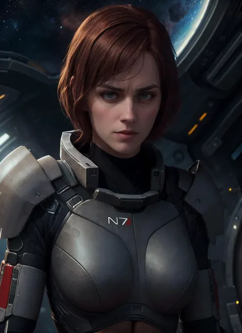 (masterpiece:1.3), (best quality:1.2), (intricate detailed:1.2), (hyperrealistic:1.2), (professional photograpy:1.1), highly detailed, absurd res, action shot, 1girl, red short hair, defiance512, (looking at viewer:1.2), (AS-MidAged:1), wearing n7armor, space background, spaceship background, rim lighting, side lighting, cinematic light, ultra high res, 8k uhd, film grain, best shadow, delicate, RAW, light particles, beautiful detailed face, intricate details, ultra detailed, <lora:n7armor:0.35>, fcPortrait