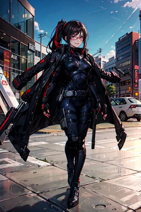 <lora:n7armor:0.5> n7armor, omniblade, commandershepard,, ultra detailed, masterpiece, best quality, aesthetic, detailed,, solo, smug smile, 1girl, purple eyes, red-framed eyewear, (black hair, red colored tips:1.2), red streaked hair, very long hair, side ponytail, tied hair, medium breasts,, <lora:StS-Coat-and-Jacket-On-Shoulders-Iteration2:0.7> dataset, jacket on shoulders, coat on shoulders, red dress, sleeves rolled up, fingerless gloves, holster, belt, multiple belts, combat boots, bulletproof vest, pants, black coat, tactical clothes,