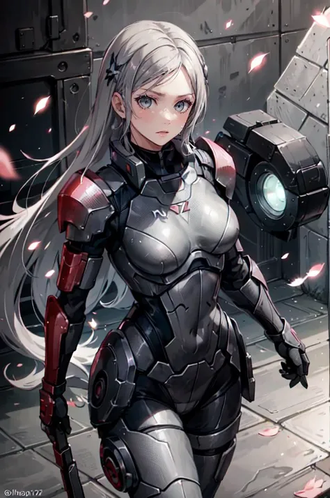 <lora:n7armor:0.5> n7armor, omniblade, commandershepard,, ultra detailed, masterpiece, best quality, aesthetic, detailed,, serious, 1girl, (white eyes:1.1), (grey eyes:1.3), white hair, very long hair, parted hair, parted bangs, <lora:parted_hair_v1.3:1.3>, medium breasts,